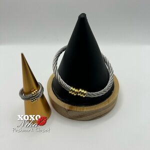 Two-Toned Stainless Steel Gold Tone Cuff Bracelet and Ring Set